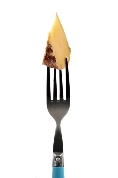 Piece Saint Nectaire Pricked Fork White Background — Stock Photo, Image