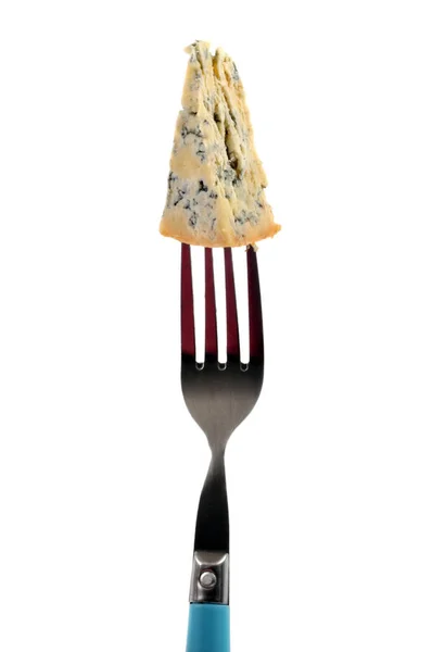 Piece Roquefort Pricked Fork White Background — Stock Photo, Image