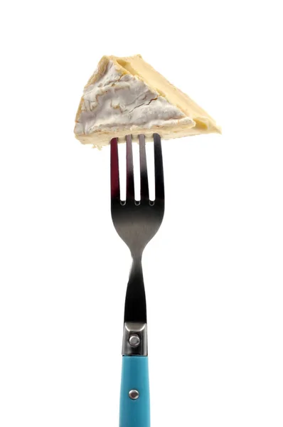 Piece Camembert Pricked Fork White Background — Stock Photo, Image