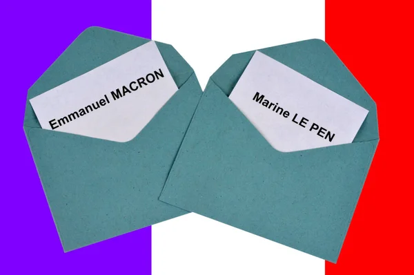 Ψηφοδέλτια Για Τον Emmanuel Macron Και Marine Pen Φόντο Γαλλικής — Φωτογραφία Αρχείου