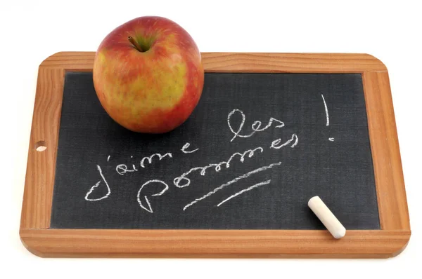 Adore Les Pommes Écrites Sur Une Ardoise École Avec Une — Photo