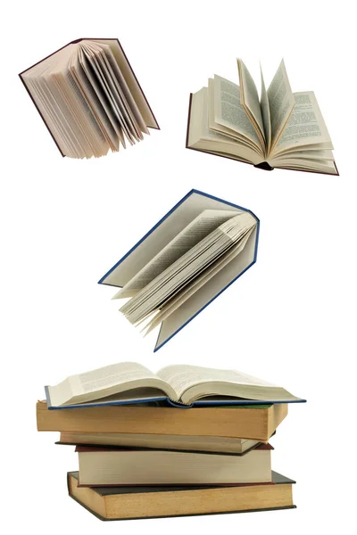 Leesconcept Met Bewegende Boeken Witte Achtergrond — Stockfoto