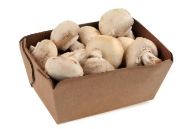 Beyaz arka planda yakın plan düğme mantar karton tepsi