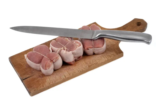 Raw Veal Paupiettes Kitchen Knife Cutting Board White Background — Photo
