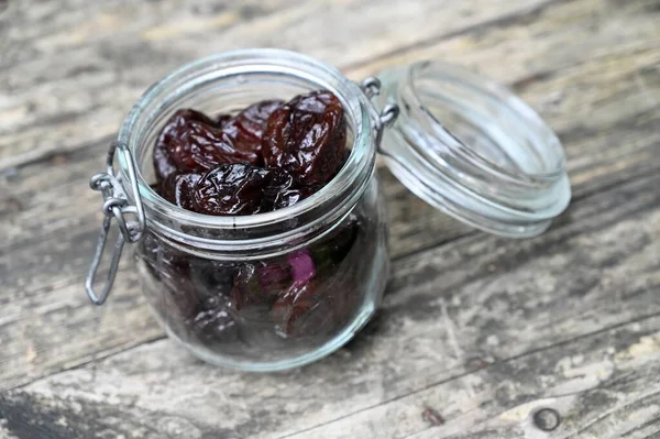 Open Jar Prunes Wooden Table — Foto de Stock