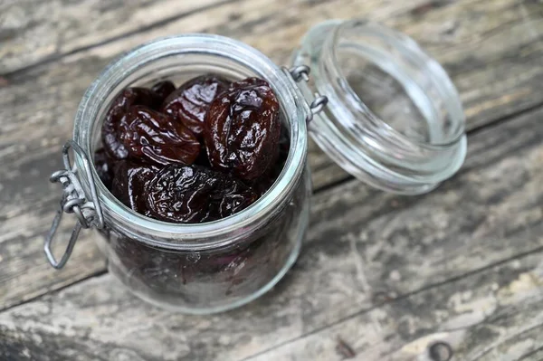 Open Jar Prunes Wooden Table — Stock Fotó