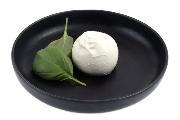 Burrata Bufala Basil Leaves Close Black Plate White Background — Stock Photo, Image