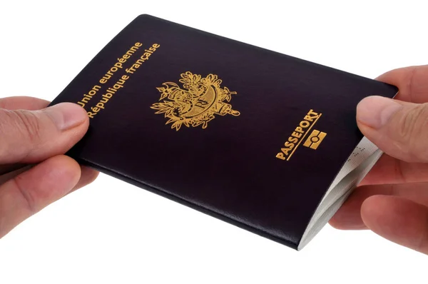Passport Exchange Hand Hand Close White Background — стокове фото