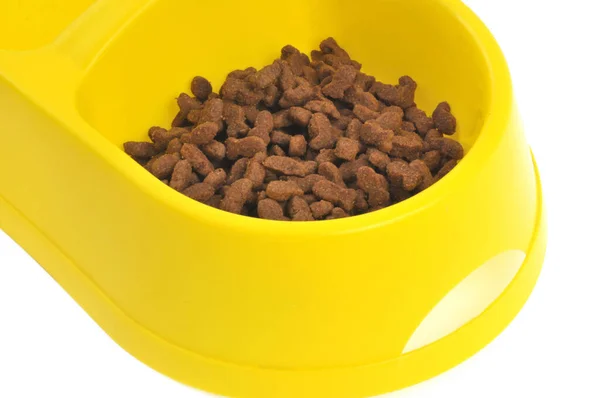 Cat Food Yellow Plastic Bowl Close White Background — Stock Photo, Image