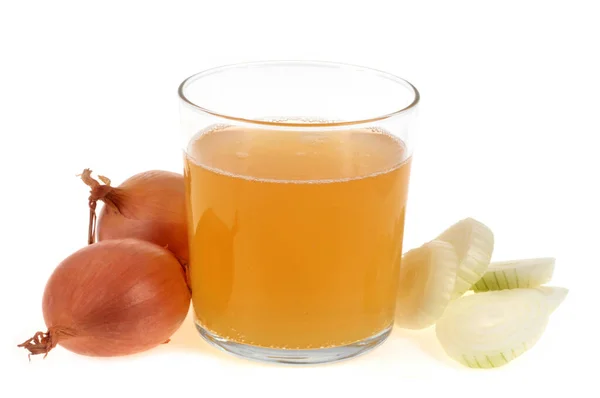 Glas Vit Lök Juice Och Dess Ingredienser Vit Bakgrund — Stockfoto