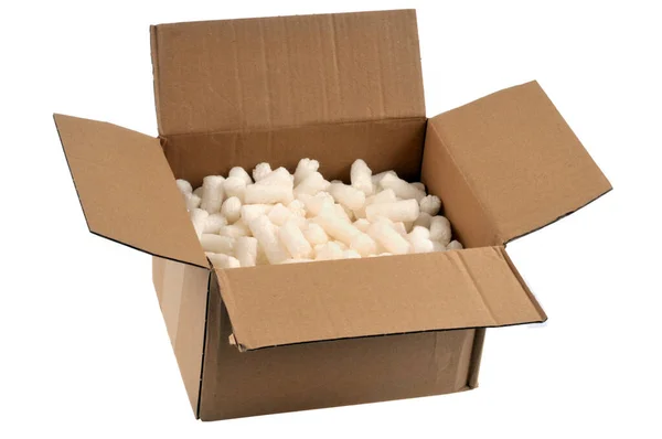 Open Cardboard Box Filled Styrofoam Balls Close Bench Background — Stock Photo, Image