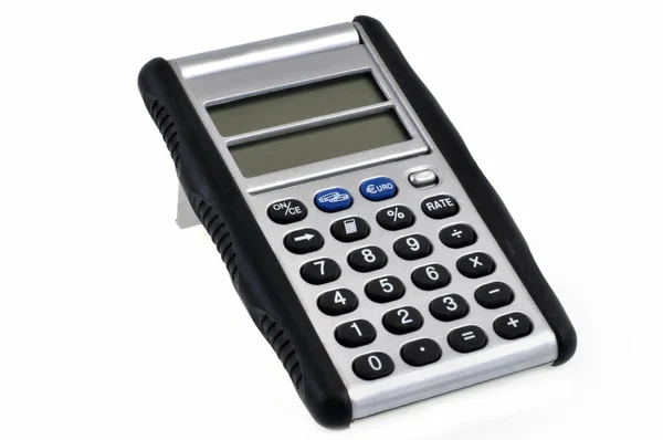 Calculatrice Avec Double Écran Gros Plan Sur Fond Blanc — Photo