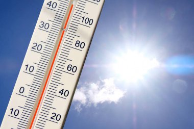 Çift mezuniyet dereceli termometre ve güneşli bir arka planda derece fahrenhayt. 