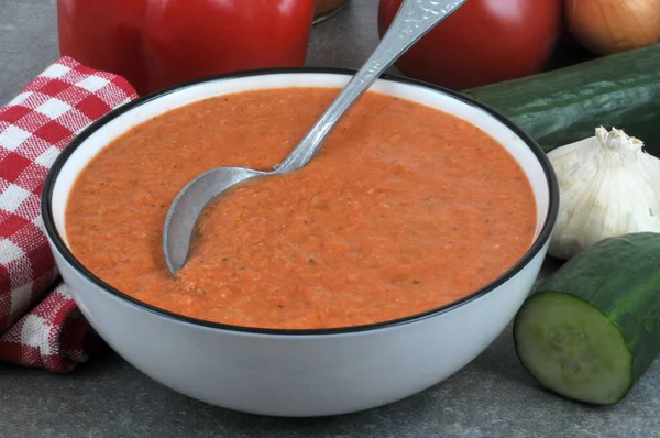 Plate Homemade Gazpacho Spoon Its Ingredients Close — Stockfoto