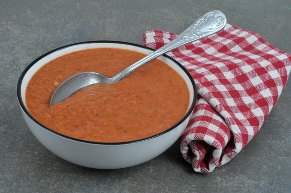 Plate Homemade Gazpacho Spoon Napkin Gray Background — Stock Photo, Image