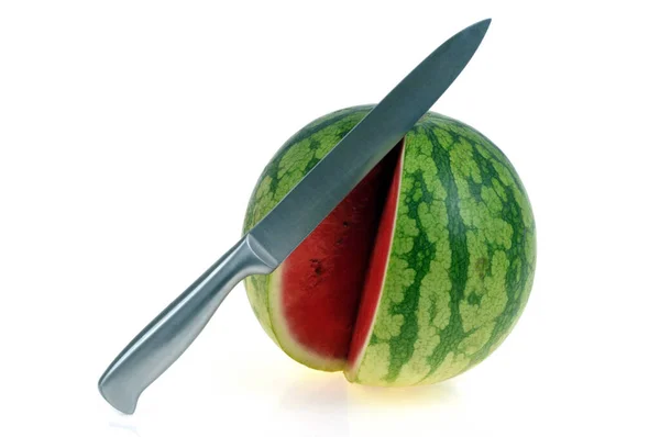 Sliced Watermelon Knife Close White Background — Stok Foto