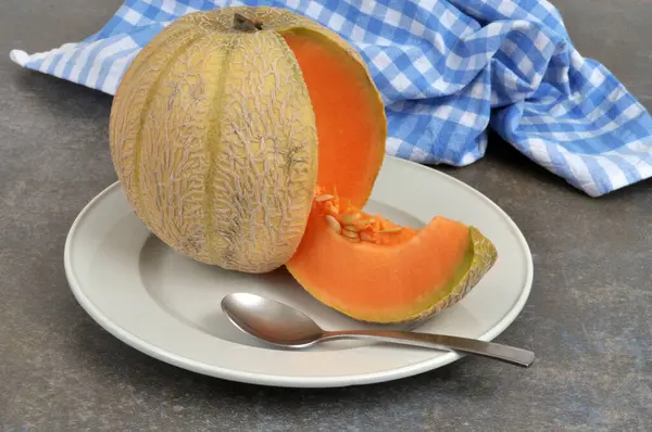 Sliced Melon Plate Spoon Close — Foto de Stock