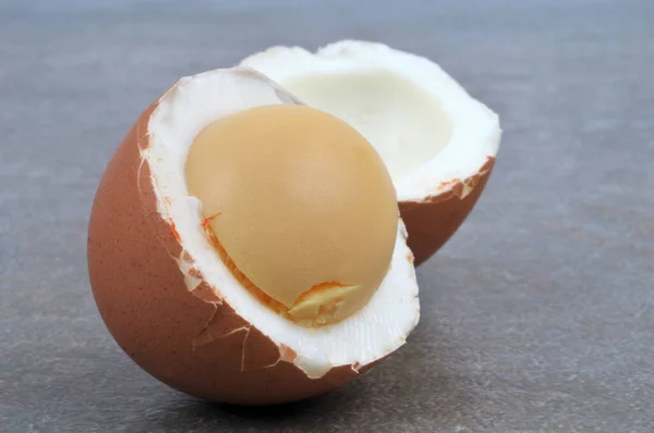 Hard Boiled Egg Cut Half Close Gray Background — Stok fotoğraf