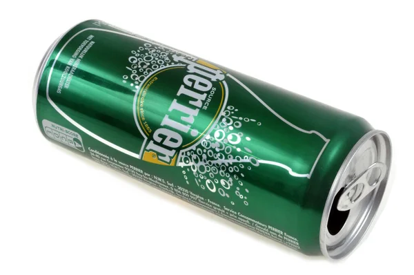 Empty Perrier Can Close White Background — Stockfoto