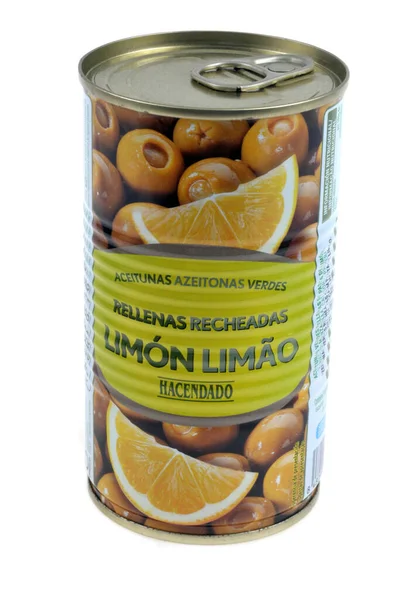 Tin Can Hacendado Brand Lemon Olives Close White Background — стоковое фото