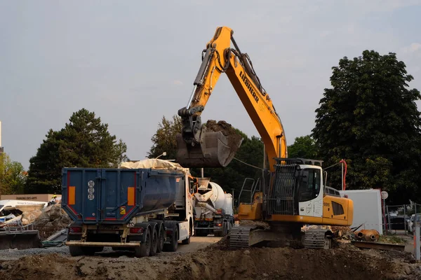 Excavator Loading Dump Truck Construction Site — 스톡 사진