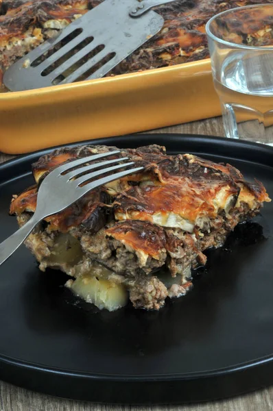 Plate Moussaka Fork Served Table Close — Foto Stock