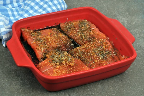 Salmon Steaks Marinade Dish Herbs Close — Photo