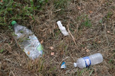 Plastic bottles and other trash thrown in the grass