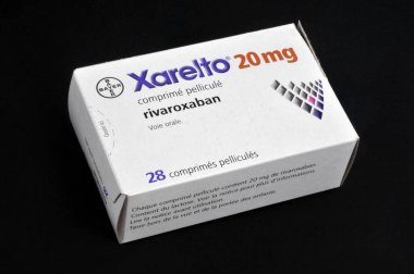 Box of Xarelto close up on black background 