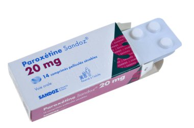 Paroxetine box with a blister pack of drugs close up on a white background 