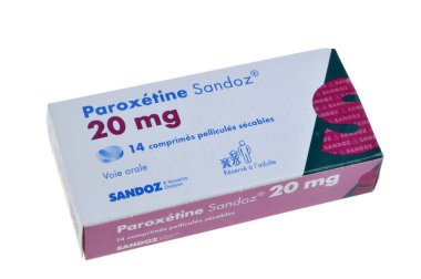 Paroxetine box close up on white background