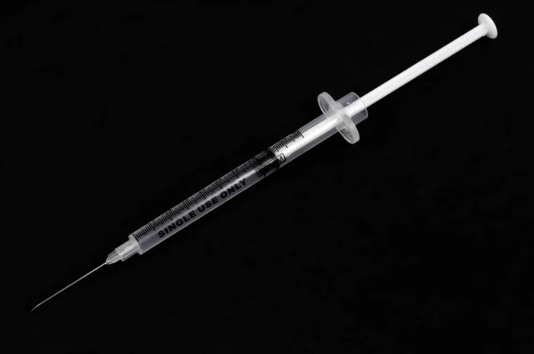 Disposable Syringe Close Black Background — kuvapankkivalokuva