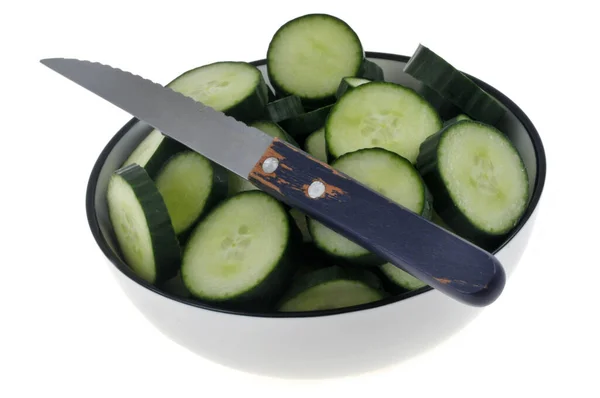 Cucumber Slices Ramekin Knife White Background — 图库照片