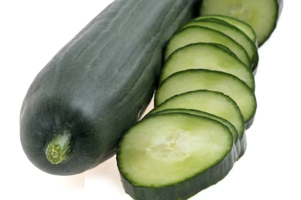 Whole Cucumber Sliced Cucumber Close White Background — 图库照片