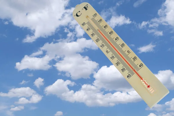 Mercury Thermometer Close Background Sky Clouds — Stockfoto