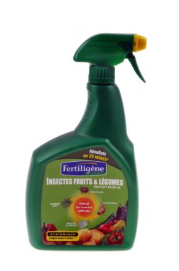 Fertiligene brand insecticide spray close-up on a white background