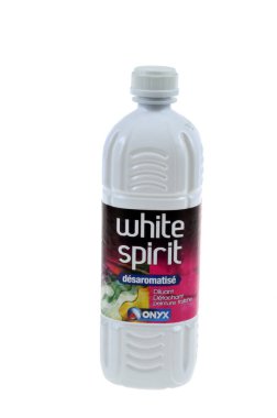 Bottle of Onyx brand white spirit close up on white background