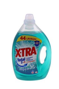 X.TRA brand liquid detergent can close-up on white background 