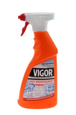 Vigor brand anti-mold spray close-up on a white background