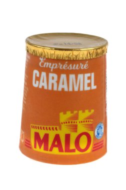 Jar of Malo brand caramel yogurt close-up on a white background