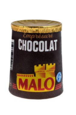 Pot of chocolate yogurt from the Malo brand close-up on a white background 
