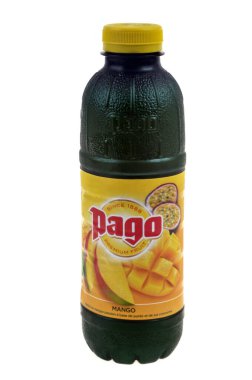 Bottle of Pago brand mango fruit juice close up on white background 