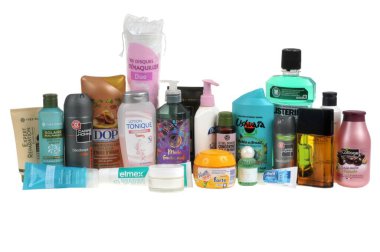 Assortment of toiletries on white background