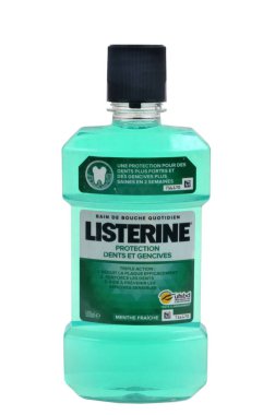 Listerine brand mouthwash close up on white background