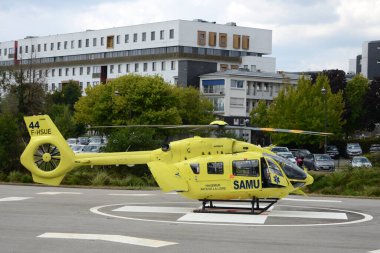 Samu des Pays de la Loire helicopter on the heliport of the Bretagne Atlantique hospital center in Vannes
