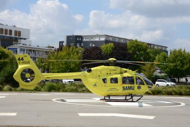 Samu des Pays de la Loire helicopter on the heliport of the Bretagne Atlantique hospital center in Vannes 