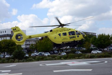 Samu des Pays de la Loire helicopter taking off from the heliport of the Bretagne Atlantique hospital center in Vannes