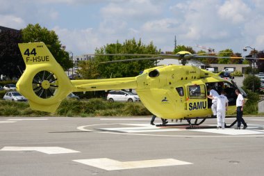 Samu des Pays de la Loire helicopter on the heliport of the Bretagne Atlantique hospital center in Vannes