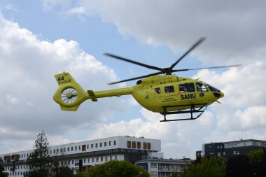 Samu des Pays de la Loire helicopter taking off from the heliport of the Bretagne Atlantique hospital center in Vannes 