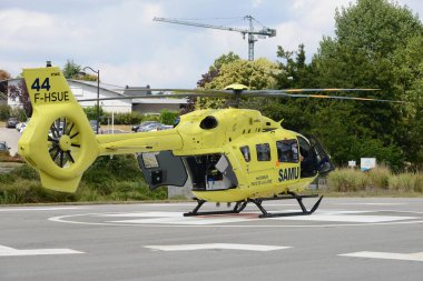 Samu des Pays de la Loire helicopter on the heliport of the Bretagne Atlantique hospital center in Vannes